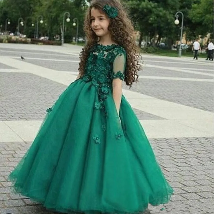 

Emerald Green Long Sleeves Flower Girl Dresses with Flowers Cute Girl Pageant Dress Birthday Party