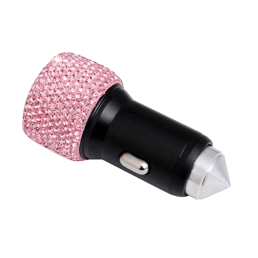 Pink Автомобильное зарядное устройство Bling Diamond двойной автомобильный usb-адаптер молоток безопасности ручной работы, со стразами хрустальные Автомобильные украшения для телефона - Название цвета: Pink