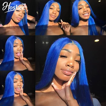 

Brazilian Remy Blue Colored Human Hair Wigs Transparent Lace Wigs Straight Lace Front Human Hair Wigs For Black Women 180%