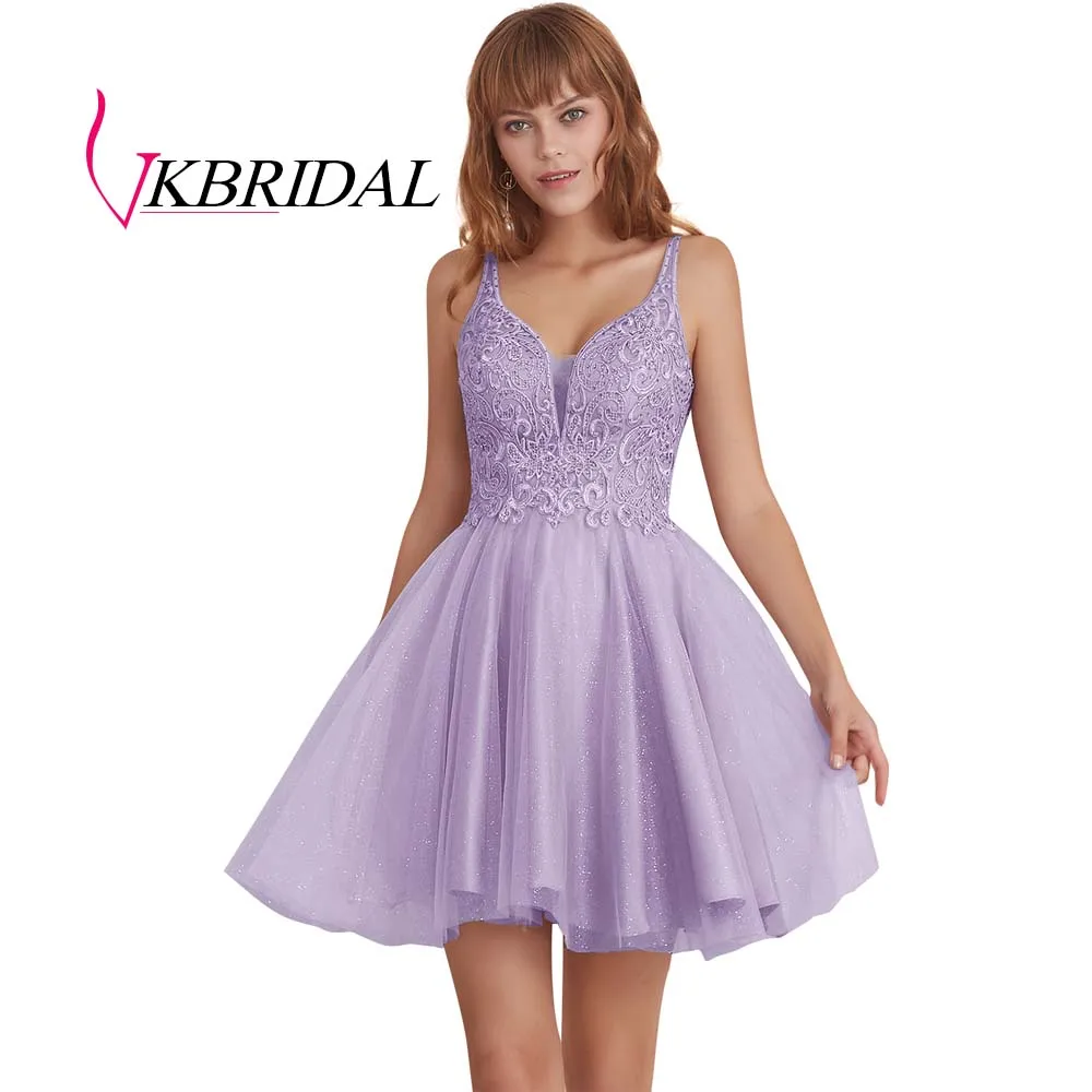 lilac VKBRIDAL, сексуальные короткие платья для выпускного вечера с открытой спиной,, тюль, аппликация, кружево, бисер, милое платье для выпускного вечера, vestido de formatura - Цвет: lilac