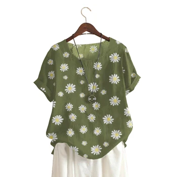 

Summer Flower Print Blouse Daisy Cotton Linen 2020 O Neck Short Sleeve Women Shirt Plus Size Women Blouses Tops Vintage blusa