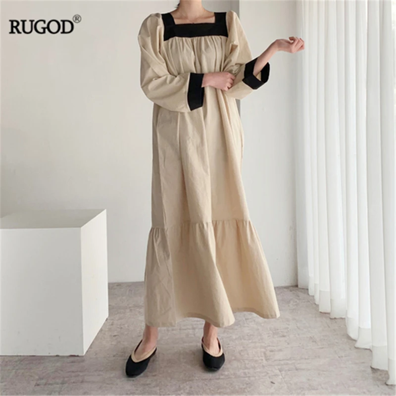 

RUGOD 2019 New Women Patchwork Contrast Color Dress Square Collar Long Sleeves Straight Loose Slim Vestidos Chic Korean Autumn