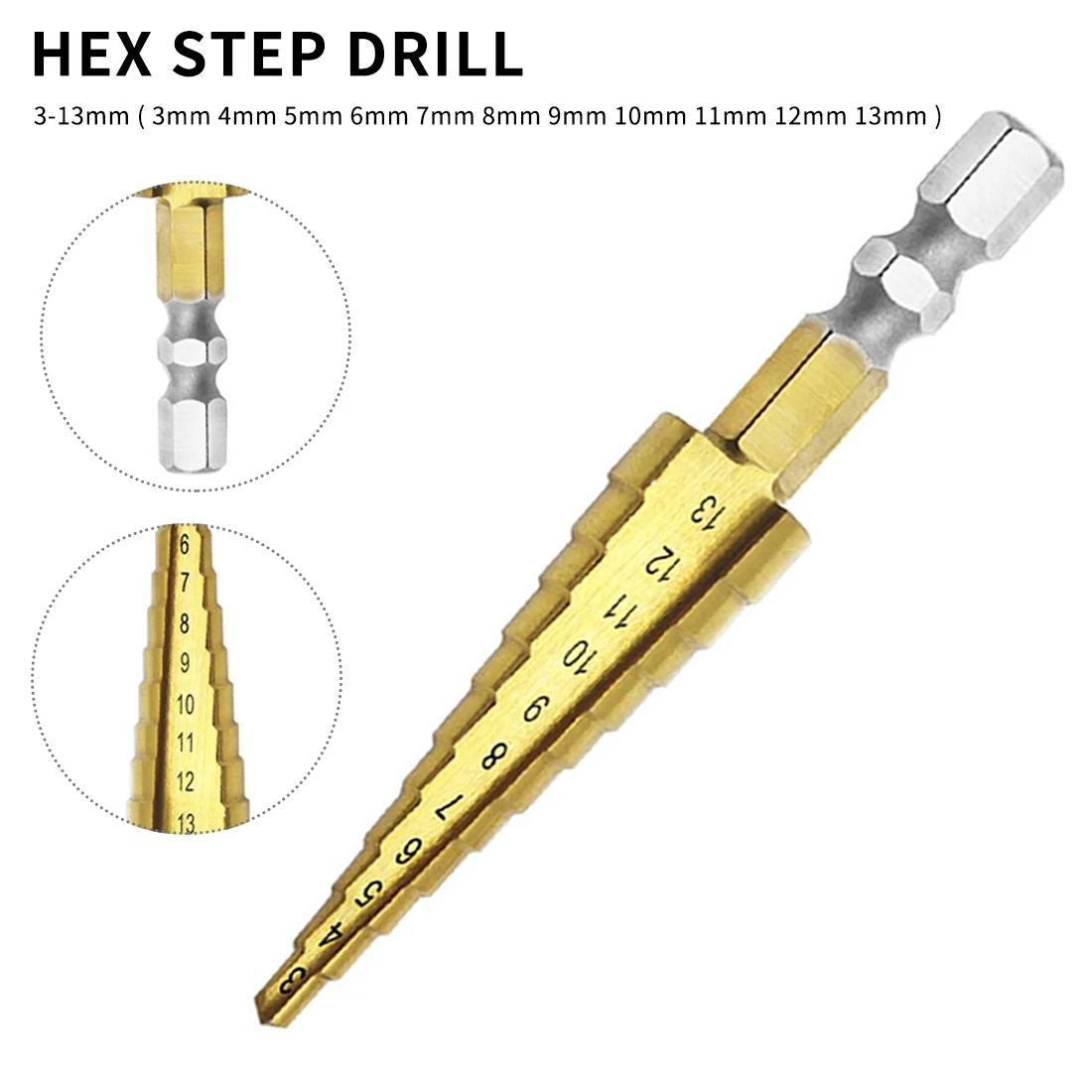 

HSS Titanium Coated Spiral Step Drill Bit Set 3-13mm 1/4 Hex Shank Drive Quick Change Woodworking Punching Tools
