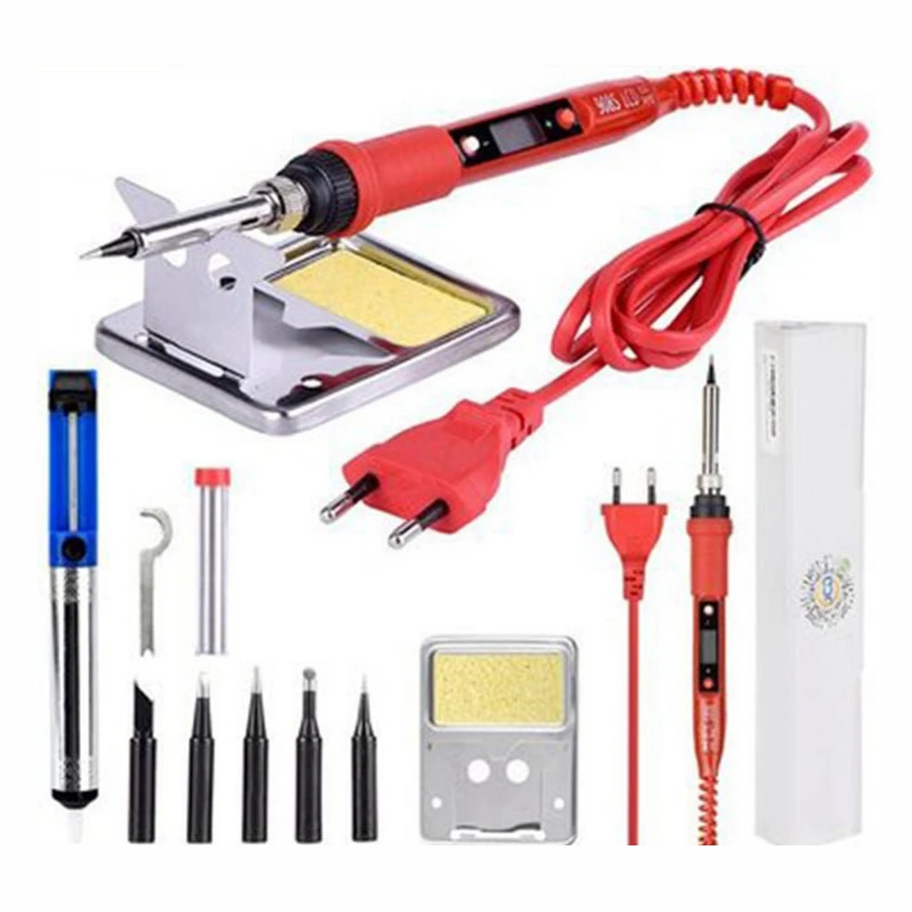 

10pcs Electric Soldering iron 908S 220V 80W LCD Adjustable Temperature Solder iron Kit With quality soldering Iron Tips kits Red