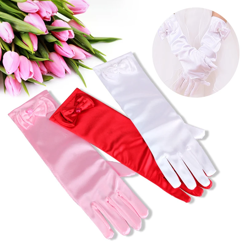Длинные Сатиновые перчатки для девочек, защита от солнца, вечерние, растягивающиеся, с цветочным узором, милое платье, аксессуары, церемониальные перчатки с бантом и жемчугом