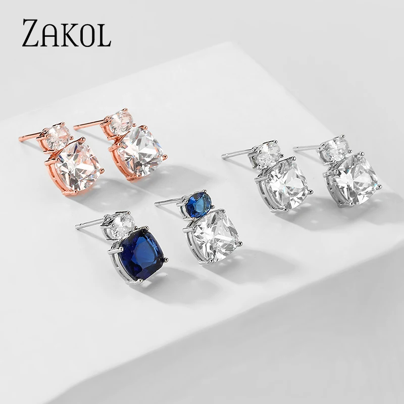 ZAKOL Trendy Crystal Bridal Earrings for Women Accessories Simple Blue White Square Cz Zirconia Stud Earrings Jewelry