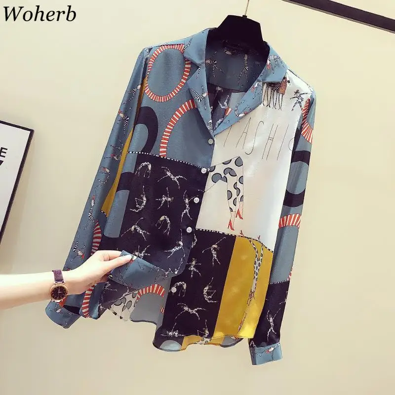 Woherb осень Новое поступление Блузка контрастный цвет узор рубашки винтажные свободные топы с длинным рукавом Женская корейская мода Blusas Mujer