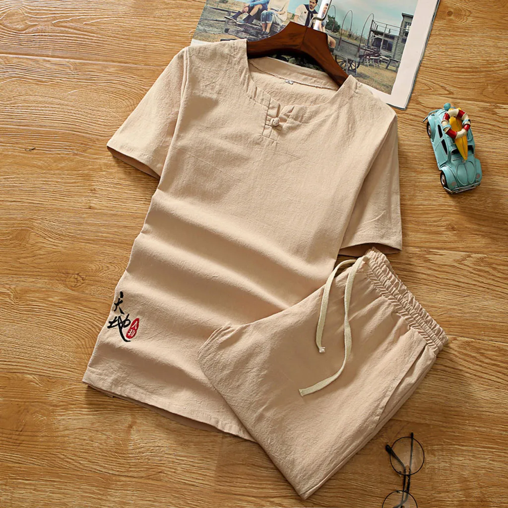 

2019 New Men's Linen 2 Piece Sets Short Sleeve Summer Brand Vintage Fit Slim O Neck Casual Linen Suits For Men Fit Slim May24