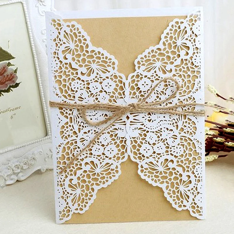  10pcs/set Wedding Invitations Floral Pattern Hollow Lace Invites Cards Bride and Groom Wedding Favo - 4.00008E+12