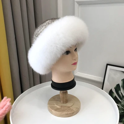 Настоящая меховая шапка зимняя для женщин Шапки натуральный мех норки с лисьим мехом шапка новая однотонная русская солнце Вязание Панамы - Цвет: Daylight