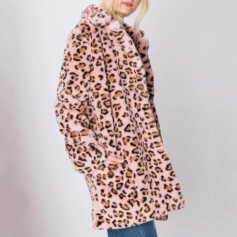 Классическая леопардовая длинная куртка из искусственного меха кролика, пальто для женщин, Модное теплое розовое пальто с отложным воротником, Стильное женское пальто из мягкой ткани