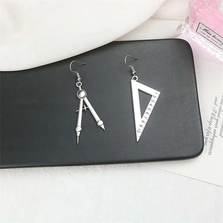 

New Creative Funny Vintage Compasses Set Square Drop Earrings Antique Silver Fun Earrings for Women Girl Personalized Jewelry