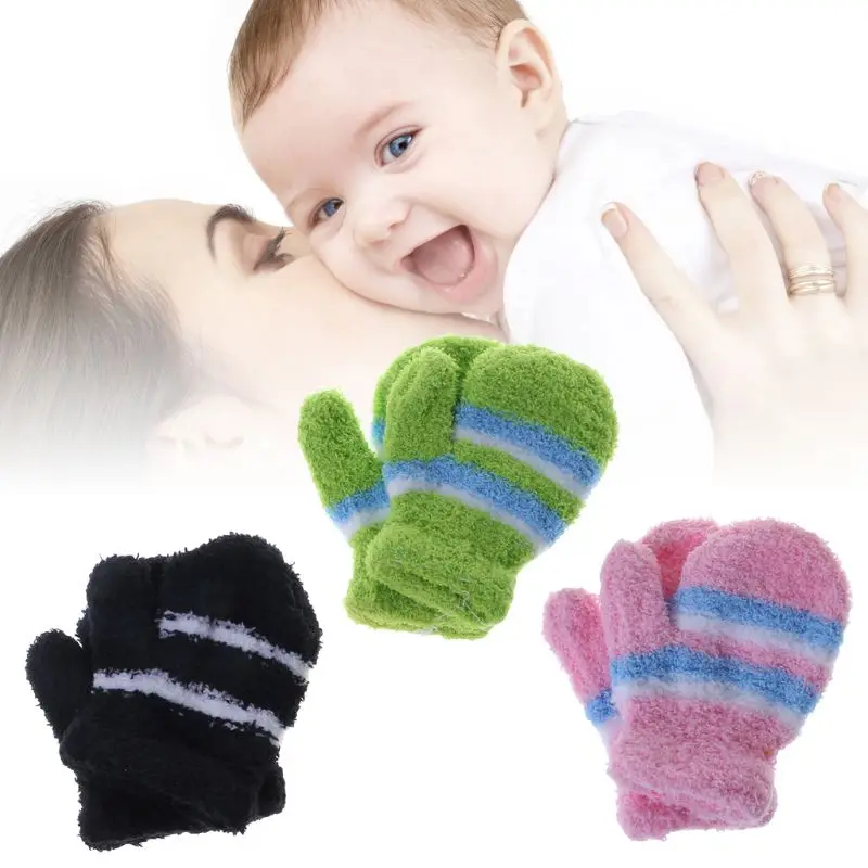 

2019 NEW 1 Pair Kids Gloves Infant Children Warm Winter Full Finger Mitten Colorful Stripe Thick Soft Coral Fleece Boys Girls