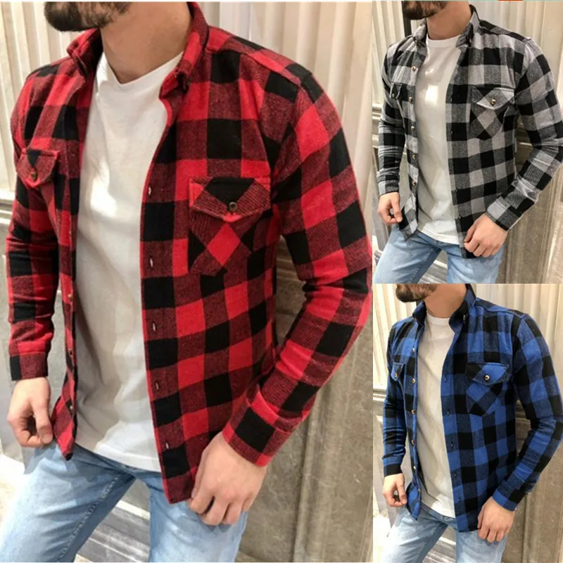 2021 New Mens Casual Plaid Flannel Shirt Long-Sleeved Chest Two Pocket Design Fashion Printed-Button Autumn Winter Warm Shirts | Мужская