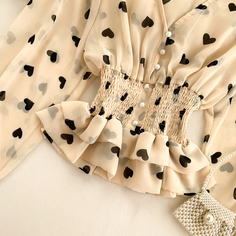 Jornmona романтическая шифоновая блузка с принтом сердца, рубашка, женское с буфами, рукав с рюшами, прозрачная блузка, элегантный шикарный топ, Blusas