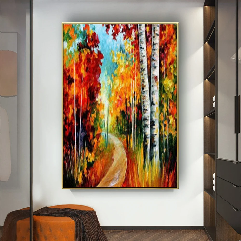 

100% Handmade Modern Abstract Oil Painting Red Yellow Orange Forest Path Canvas Picture Autumn Tree Wall Art For Living Room