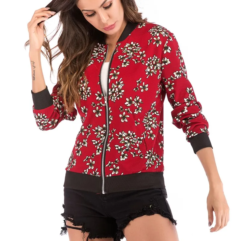 Red Floret Wuhaobo модное женское пальто в стиле ретро с цветочным принтом, повседневная куртка-бомбер на молнии, Женская Повседневная Осенняя верхняя одежда, пальто, женская одежда - Цвет: Red Floret