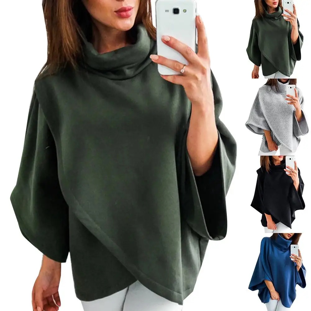 High Quality Women Dolman Sleeve Turtleneck Solid Color Cloak Irregular Pullover Blouse Top Polyester  Spandex Women's Blouse