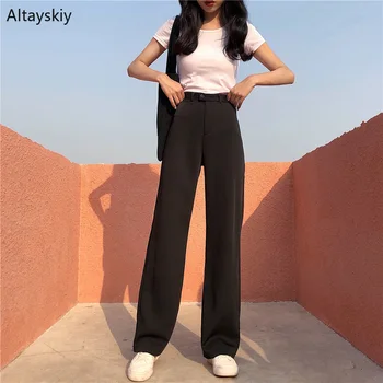 

Pants Women Solid Simple All-match Retro Elegant Ladies Korean Style Leisure Zipper Fly High Waist Soft Pant Womens Trousers New