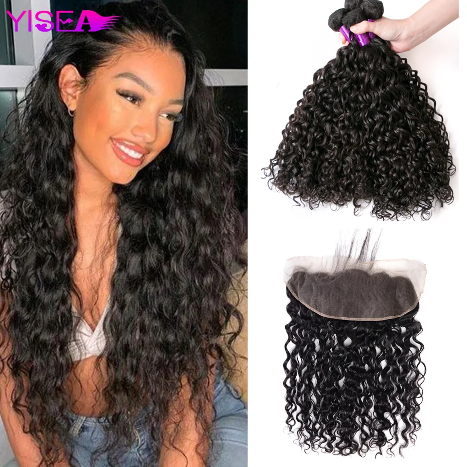 Yisea Malaysian Water Wave Bundles With Frontal Closure 100% Human Hair Lace Remy | Шиньоны и парики