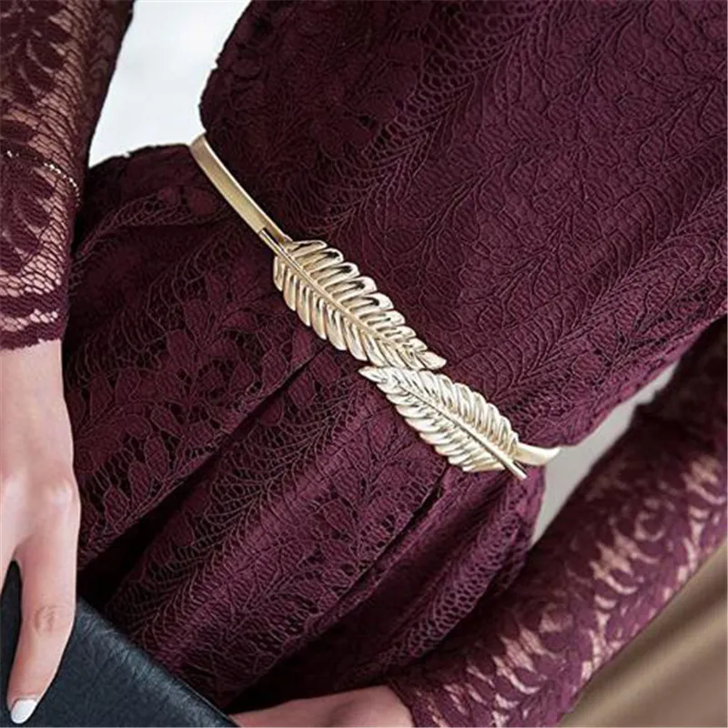 

Hot Women Belts Leaf Shape Belt Lady Metal Leaves Cummerbund Female Clasp Front Stretch Waistband Gold Silver Elastic Waist Band