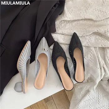 

MIULAMIULA Brand Designer 2020 Spring New Fashion Luxury Sexy Hallow Transparent Round Heels Lady Pumps Loafers Mules Flip Flops