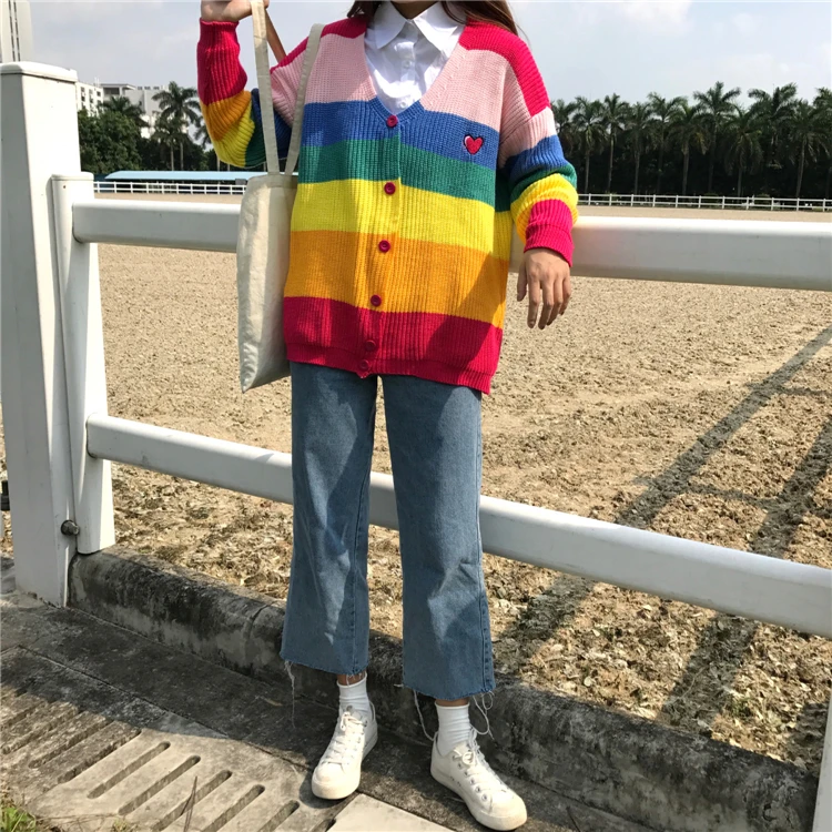 Женский свитер Kawaii Ulzzang, Радужный полосатый кардиган с вышитыми буквами, вязаные женские свитера в стиле Харадзюку для женщин