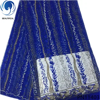 

Beautifical african fabrics tulle mesh lace fabric with beads/stones Hot sale nigerian lace embroidery fabric for dress PN114