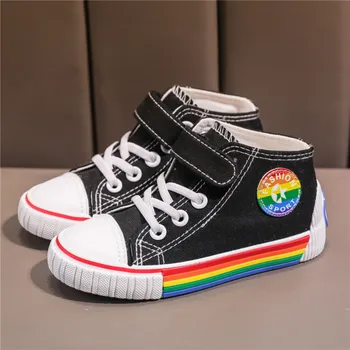 

New Style Spring Children Canvas Shoes High Top Kids Casual Shoes Hook Loop Boys Girls Sneakers Rainbow Baby Sports Shoes 24-27#