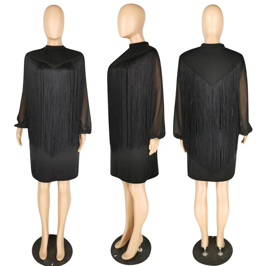 Vestidos ropa mujer размера плюс женское сексуальное однотонное высокоэластичное платье-карандаш с длинным рукавом и кисточками sukienki robe hiver femme