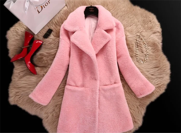 Специальное пальто из овечьей шерсти, Женская длинная куртка для стрижки овец, шерстяная ветровка одного поколения - Цвет: Pink