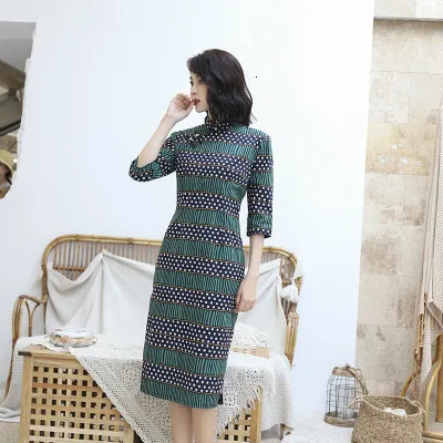 Sheng Coco Chinees платья зеленый хит цвет в полоску Qipao Леди с длинным рукавом Осень Зима Cheongsam хлопок решетки Qi Pao - Цвет: green and navy blue