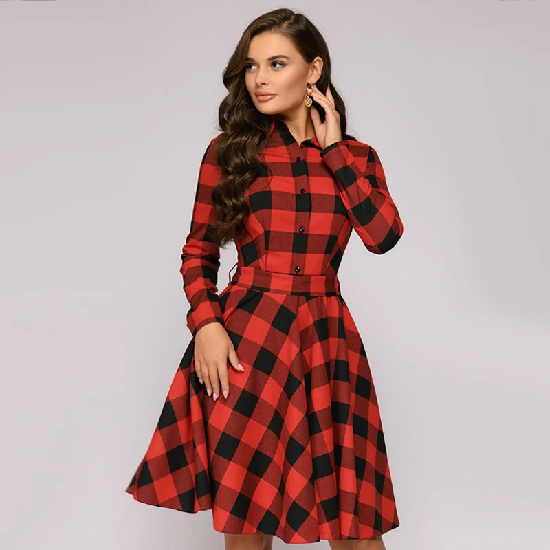 Goede Elegante Plaid Vrouwen Jurk Turn down Kraag Lange Mouw Knielange Jurk Vrouwelijke Sjerpen Vintage Herfst Office Lady jurk vestidos