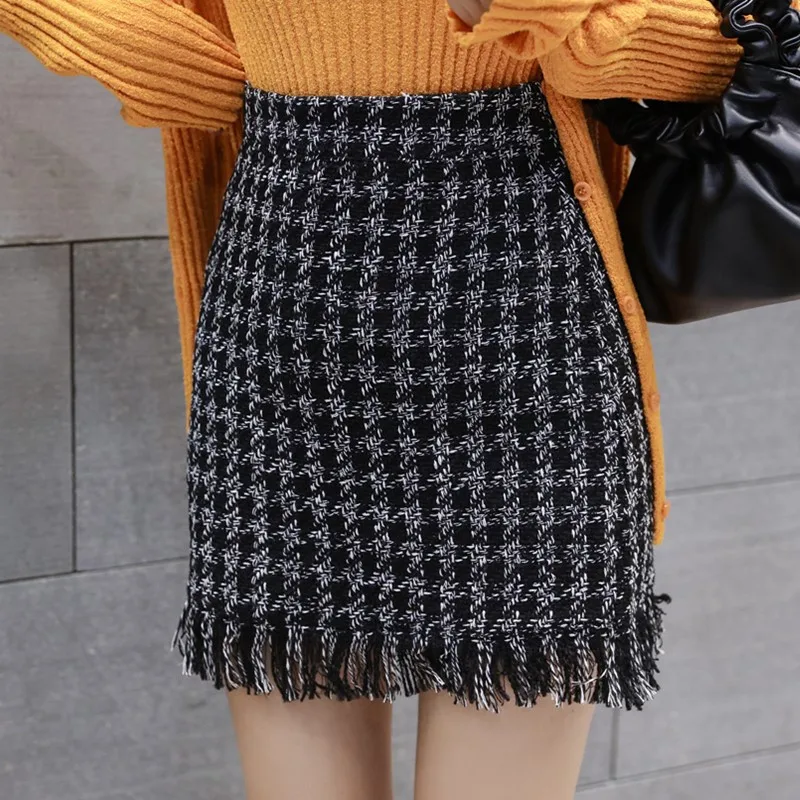 Ceny Tassel Tweed spódnice kobiety w stylu Vintage jesień zima krótkie obcisłe spódnice spódnice z wełny koreański Bodycon wysokiej talii spódnica w kratę pani V919