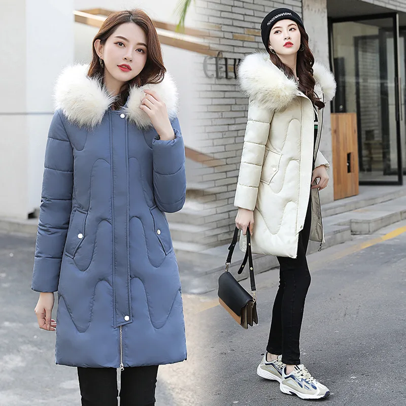 

2019 New Style Korean-style Mid-length Cotton Coat Women's Hooded Large Fur Collar Thick Slim Fit Slimming Cotton-padded Jacket