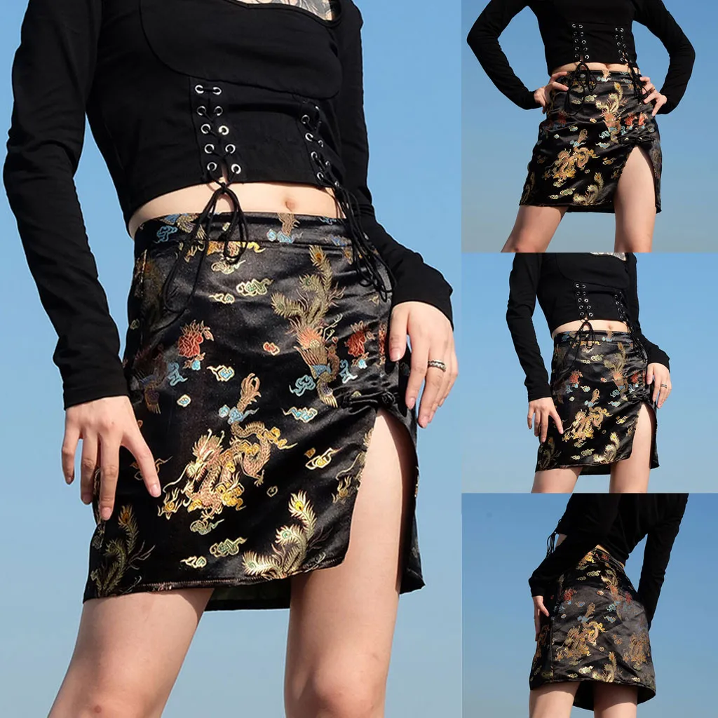 

Chinese Style Black Vintage Dragon Embroidery Mini Skirt High Waist Sexy Women Short Gothic Autumn Split Clothes Zippers faldas