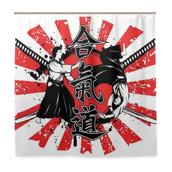

Unique Shower Curtain Crossed Samurai Hieroglyph Background Two Ronin Aikido Eastern Fight Style Eco-Friendly with 12 Hooks in
