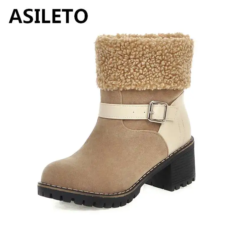 

ASILETO big size 32-43 winer snow boots platform bowtie square heels warm plush ankle boots buckle zipper bottines mujer botas