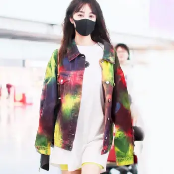 

Newest Colorful Ink Printing Denim Jacket Short Graffiti Gradient Hip Hop Coat