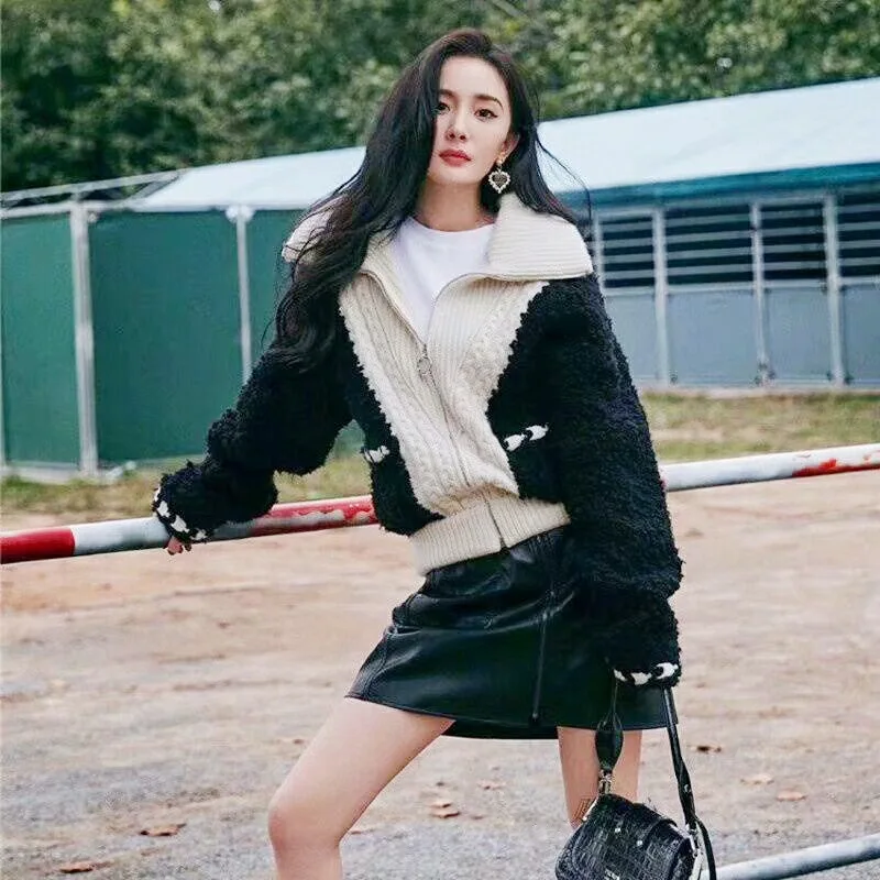 Осень и зима женский Yang Mi с контрастной шерстью и черно-белой молнией дикое пальто свитер
