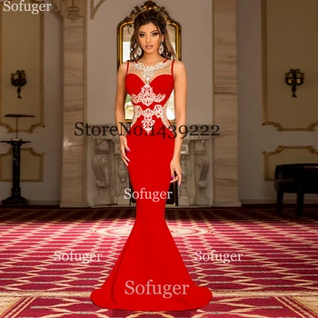 

Red Spandex Mermaid Evening Dresses Illusion Back Appliques Saudi Arabic Special Occasion Evening Formal Girl Prom Custom Made