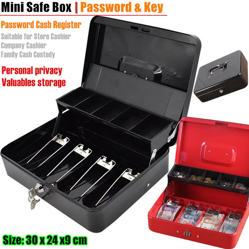 Mini caja fuerte de Metal para guardar dinero, monedero, 2 capas con contraseña plegable de caja registradora, almacenamiento de tarjetas bancarias, joyería, XL:30x24cm