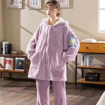 

Hooded Winter Female Embroidery Nightwear 2PCS Female Pajama Set Soft Sleepwear Daily Casual Home Femme Pyjama Nightgown