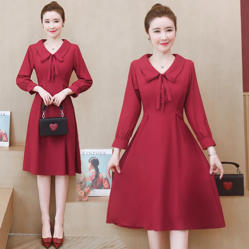 

L-5XL Fashion Bow-neck Nine-point Sleeve Natural Red Knee-Length Dress 2020 Spring Dress Elegant Women Bodycon Party Vestidos