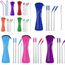 100 компл./лот 20oz Портативный силиконовый наконечник крышка Нержавеющая сталь соломы прямые изогнутые соломинки для путешествий неопреновая сумка для хранения