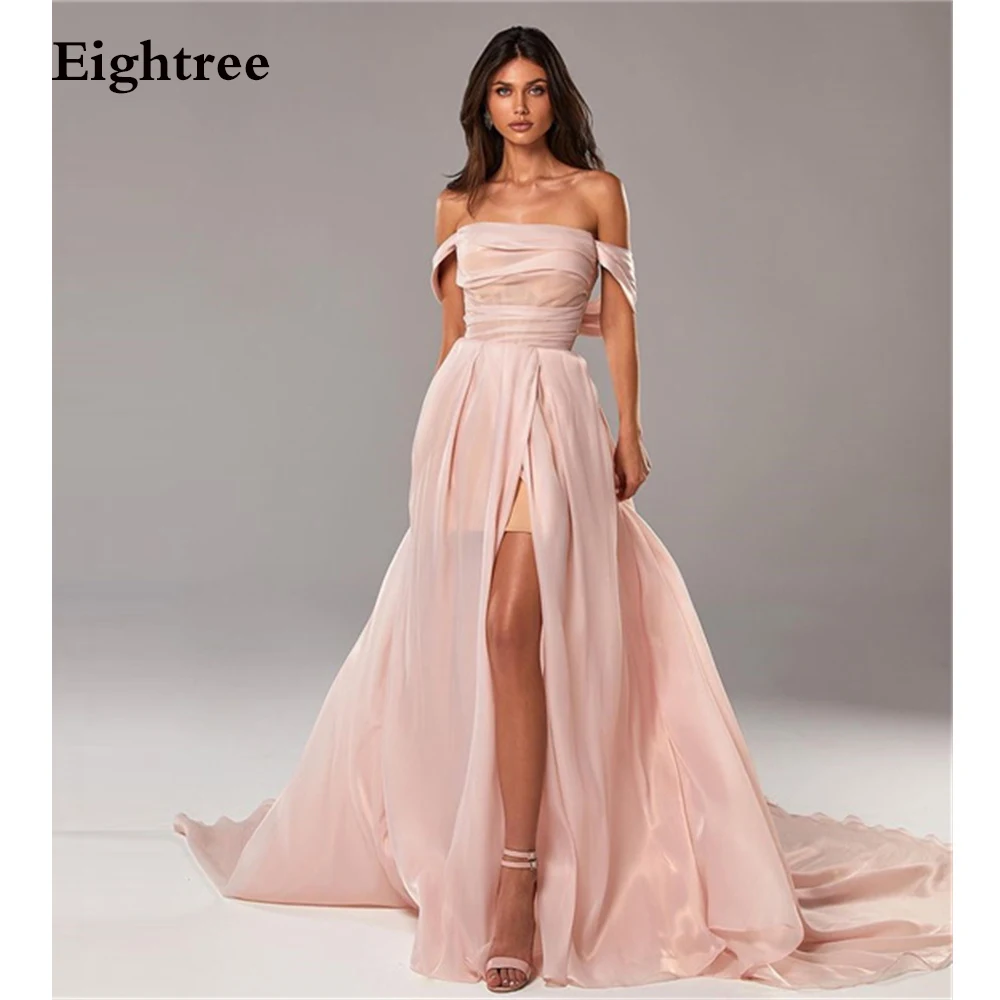 

Eightree Light Pink Off Shoulder Long Evening Dresses A Line Side Slit Strapless Formal Party Prom Gown Dress Vestidos de festa