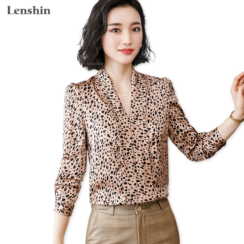 

Lenshin Leopard Pattern Loose Shirt Breathable Soft V-neck Draped Blouse Women Female Wear Casual Style Office Lady Tops