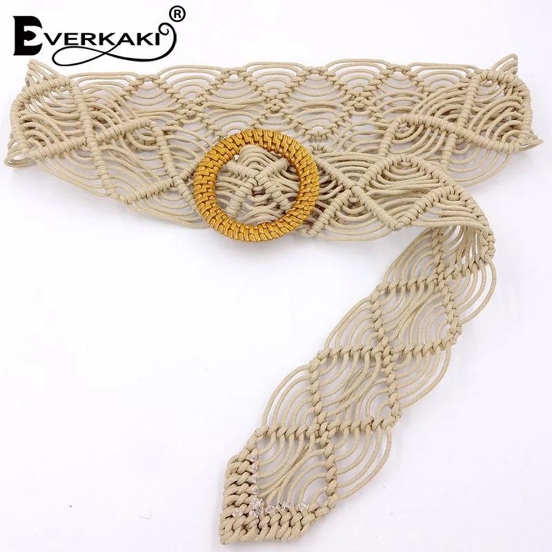 Everkaki Boho Вощеная Веревка вязаный пояс женский пояс цельный деревянный пряжка пояса Харадзюку для женщин платье джинсы Новинка - Цвет: Beige