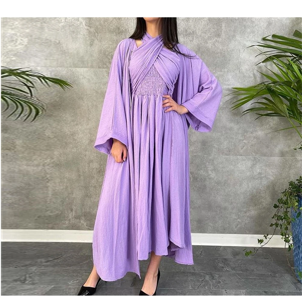 Eightree Lavender 2021 Saudi Arabia Long Sleeve Prom Dress Detachable Cloak Cross Neck Tea Length Pleated  Elegant Party Gowns