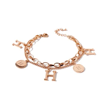 

Rose Gold Plated Double Layer Chain Bracelet Stainless Steel H Letter Pendant Charms Bracelet Bracelets For Women Jewelry